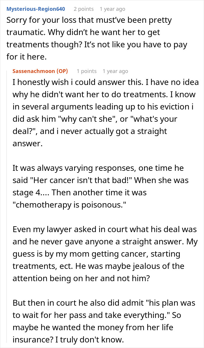 Reddit user discusses husband refusing chemotherapy for wife, causing family conflict and daughter's eventual revenge.