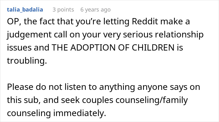 Reddit comment warning about serious relationship issues and adoption of children, urging couples counseling advice.