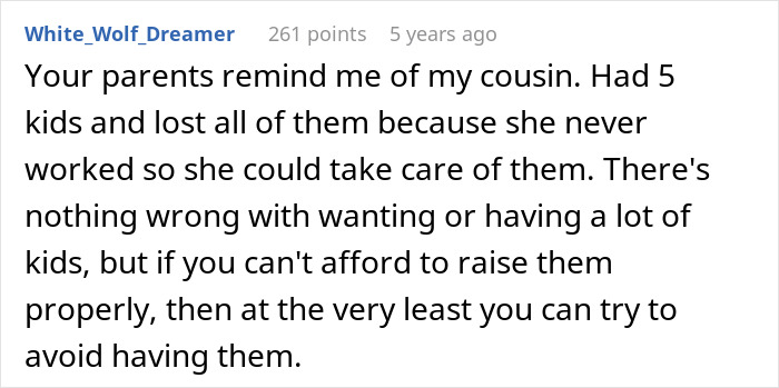 Reddit comment criticizing delusional parents calling sixth baby a miracle and demanding teen daughter sacrifice education.