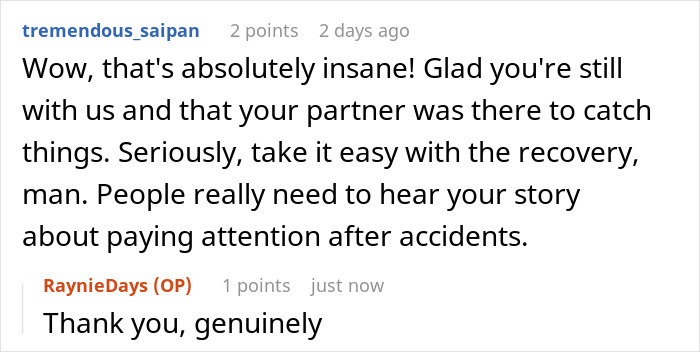 Reddit conversation showing a user warning others to take car accident recovery seriously after coughing up blood.