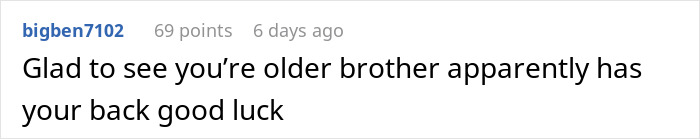 Comment text on a grey background about brother supporting sibling related to inherited land and money discussion.