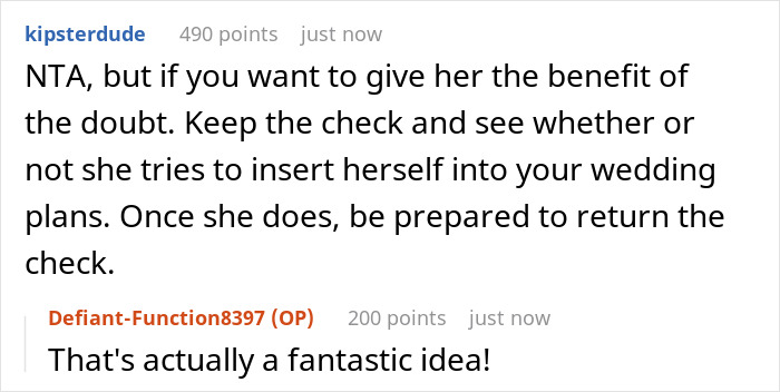 Reddit conversation discussing bride refusing MIL&rsquo;s $25K wedding gift and potential motives behind it.