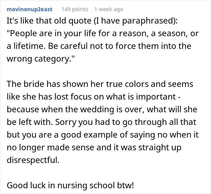 Screenshot of a discussion highlighting a bride&rsquo;s obsession with control causing the loss of two close friendships before the wedding.