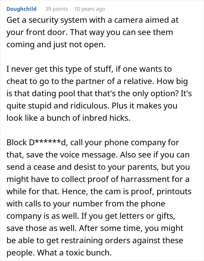 Screenshot of a Reddit comment discussing cutting off parents after catching mom with fianc&eacute; and dealing with harassment issues.
