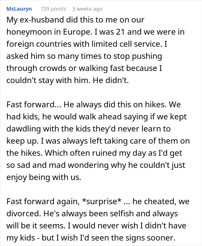 Woman shares experience of men abandoning their partners during outdoor activities like hikes and walks with kids.