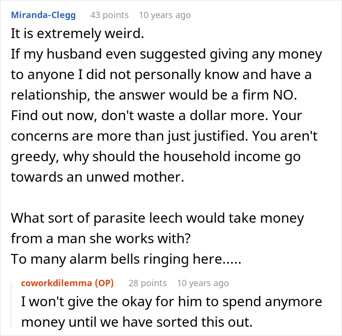 User comment discussion about a man helping a pregnant coworker and concerns raised by his wife about their relationship.