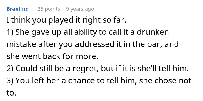 User comment discussing a cheater hiding a one night stand, with regret and a friend threatening to expose her secret.