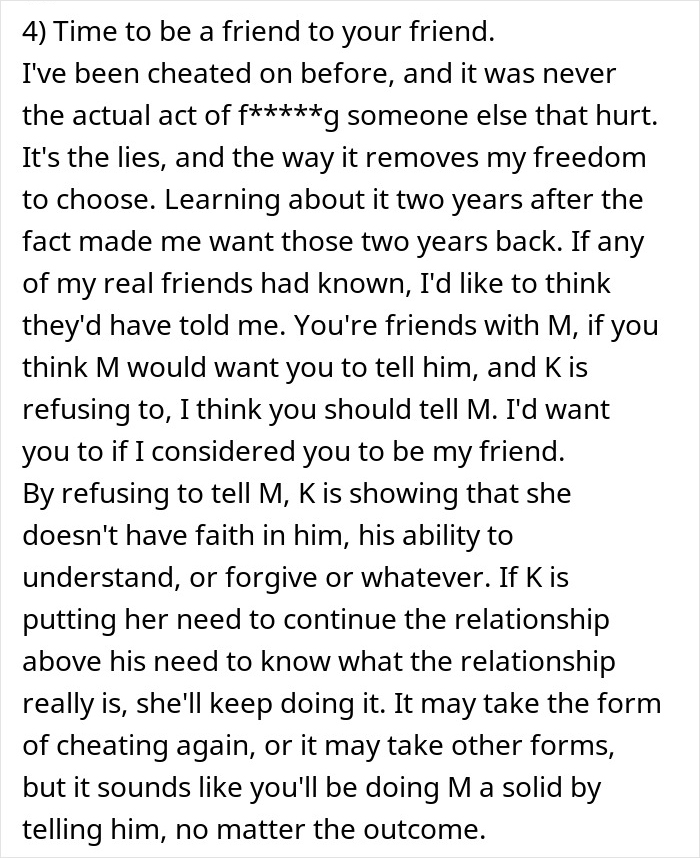 Text excerpt discussing a friend advising to reveal a cheating secret, highlighting trust and relationship consequences.