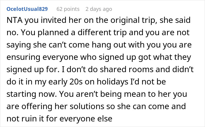 Screenshot of a forum comment discussing a woman furious her friends don&rsquo;t want to share a room with her on vacation.