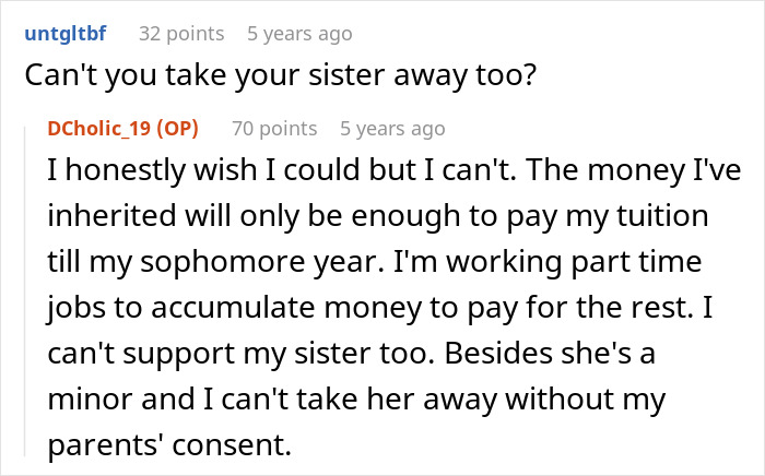 Screenshot of an online discussion about delusional parents demanding a teen daughter sacrifice her education for their sixth baby.