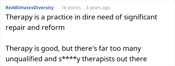 Reddit post discussing concerns about therapy quality and unqualified therapists, highlighting issues with trust and reform.