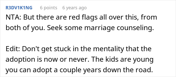 Screenshot of an online comment advising marriage counseling and caution about adopting wife's kids after discovering hidden truths.