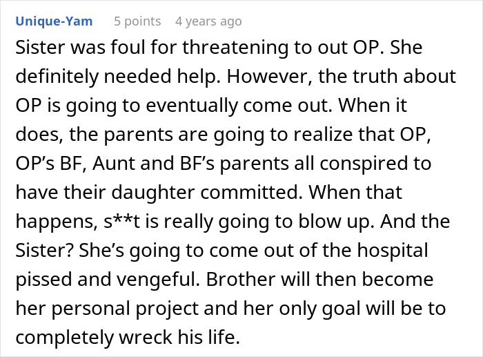 Comment discussing sister catching guy with secret boyfriend, demanding he dump him to date her instead in family drama context.