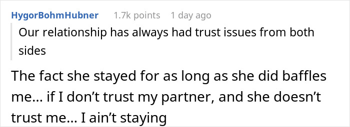 Screenshot of a Reddit comment discussing trust issues in a relationship related to a secret paternity test for a newborn baby.