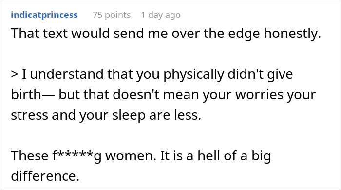 Screenshot of an online comment discussing a man woken up at 4 AM to care for his baby and concerns about doing too much.