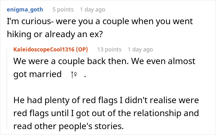 Conversation about men abandoning partners during outdoor activities, highlighting relationship red flags and hiking experiences.