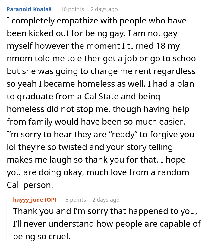 Online discussion about a gay man kicked out, rejecting parents&rsquo; expectation to fund their retirement after homelessness.