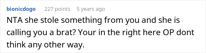 Comment on Reddit discussing a woman called a spoiled brat for crying to her sheriff dad about stolen cat.