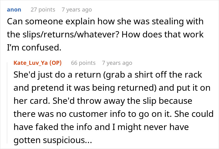Screenshot of a forum discussion explaining how an office bully&rsquo;s theft using fake returns was exposed and led to job loss.