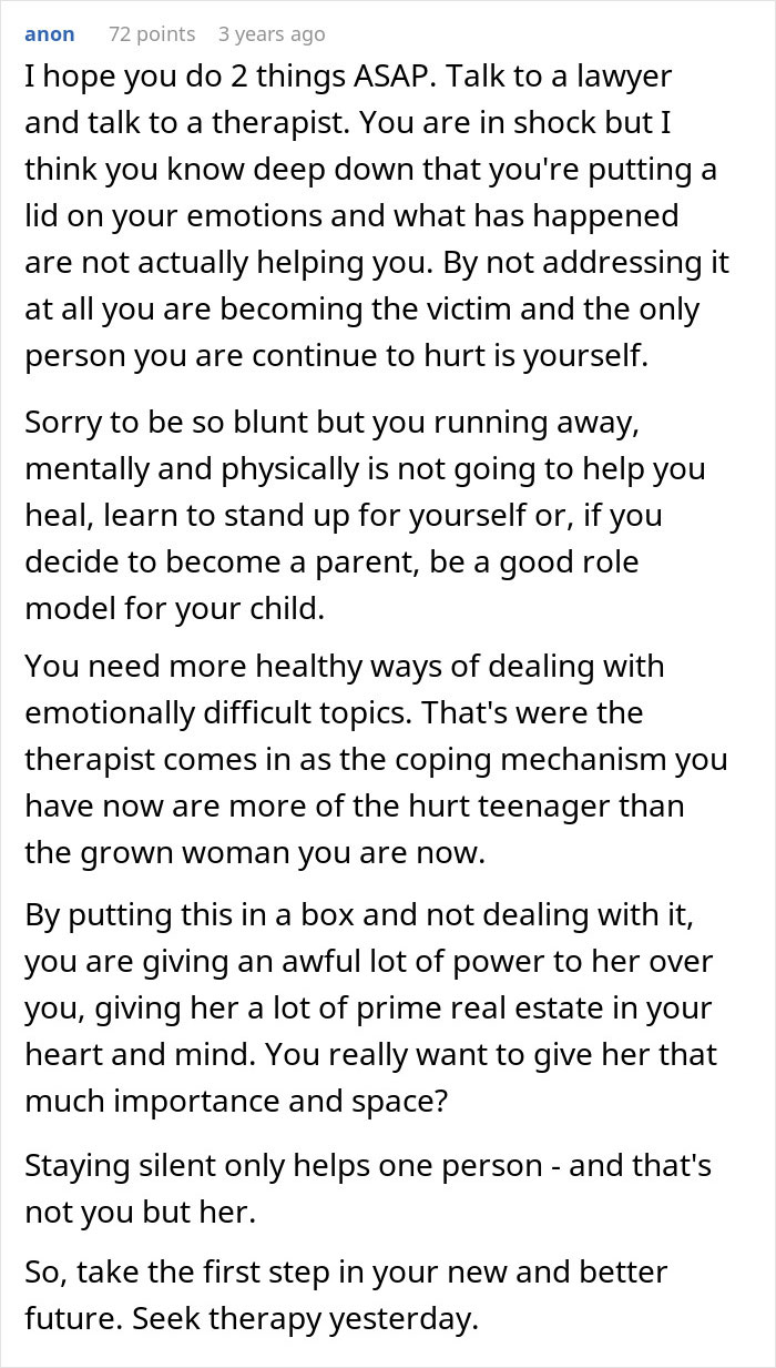 Comment advising seeking therapy and legal help to cope with emotional pain after uncovering husband&rsquo;s affair and personal struggles.