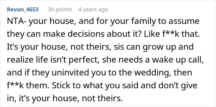 Comment about bride uninvited to wedding and sibling conflict over honeymoon stay at family house. Comment about bride uninvited to wedding and sibling conflict over honeymoon stay at family house.