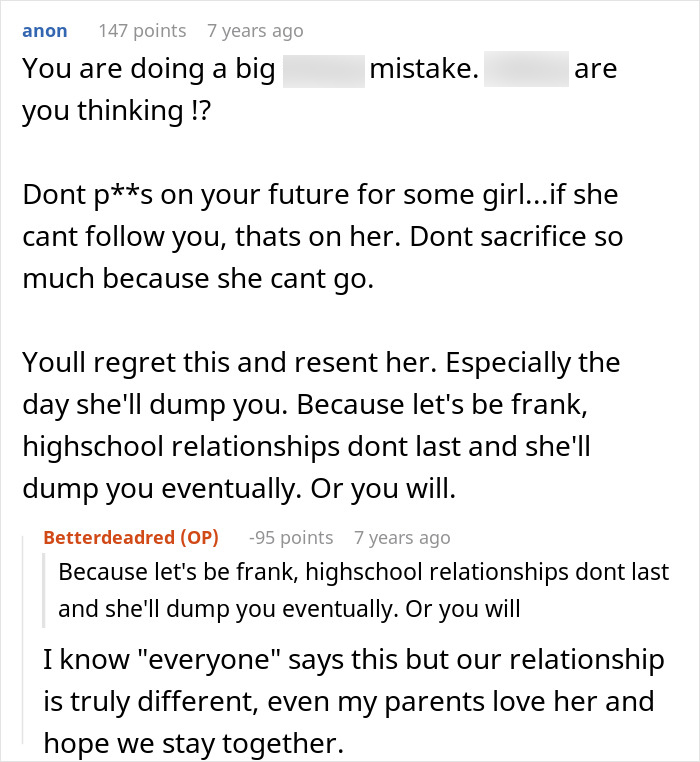 Online discussion showing parents refusing to let their son ruin his future over teenage love and relationship advice.