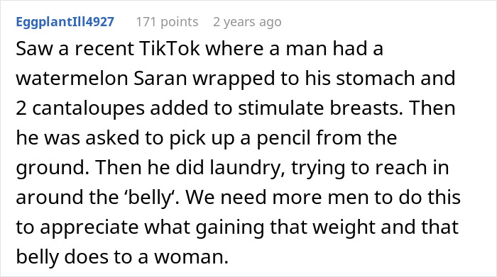 Screenshot of a Reddit comment describing a TikTok where a man simulates pregnancy to understand his pregnant wife's struggles.