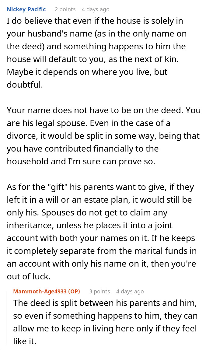 Comment discussion about woman expecting in-laws to gift money to their family but it was meant for her husband only.