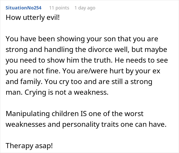 Alt text: Comment condemning grandparents' guilt trip on kid over mom, with dad deciding to cut them off for manipulation.