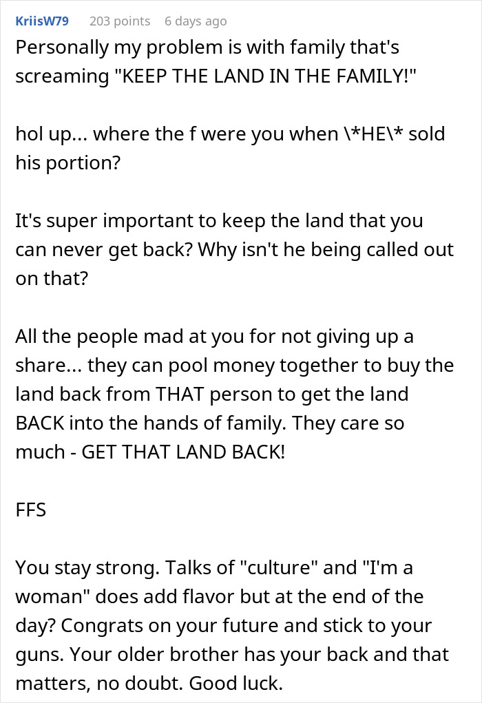 Comment discussing family conflicts over inherited land and money, emphasizing brother support in sibling inheritance issues.