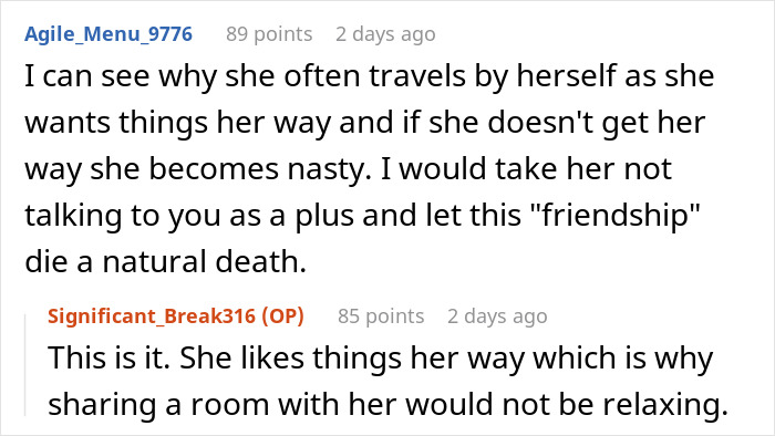 Screenshot of online comments showing a woman furious her friends don&rsquo;t want to share a room with her on vacation.