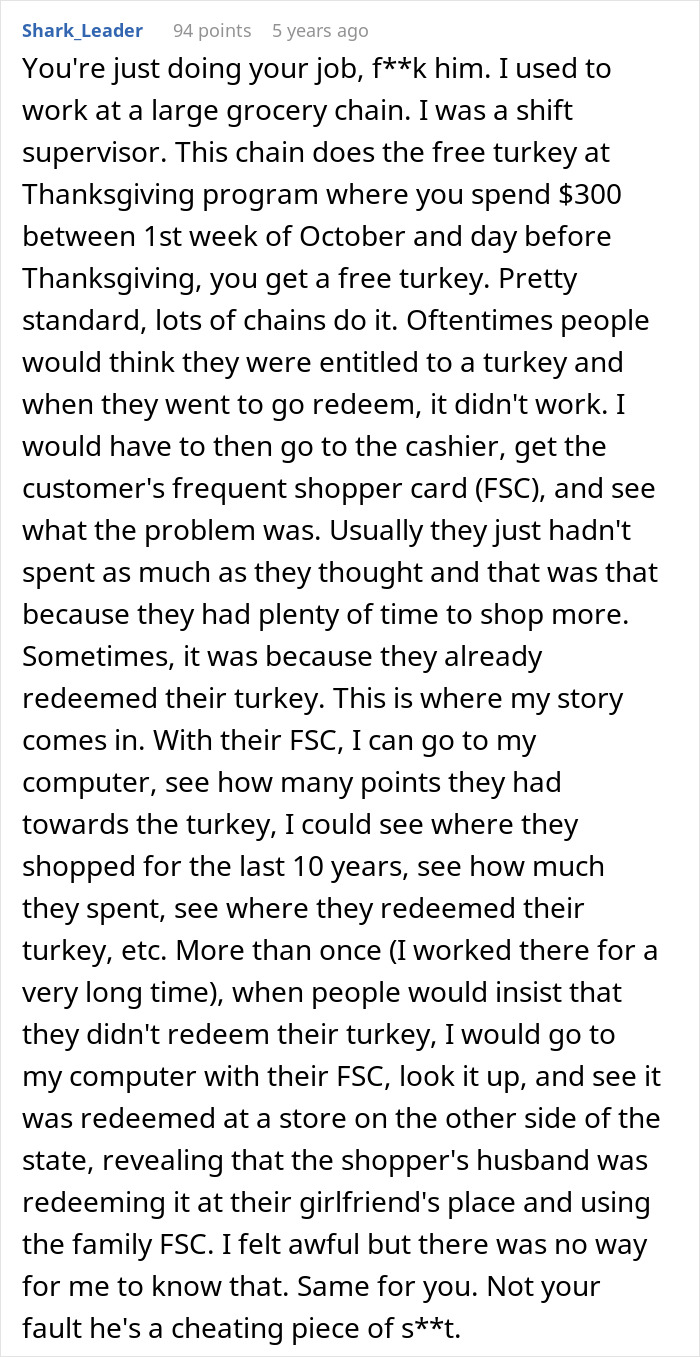 Employee accidentally reveals to customer’s wife about mistress causing chaos during grocery store turkey redemption. Employee accidentally reveals to customer’s wife about mistress causing chaos during grocery store turkey redemption.