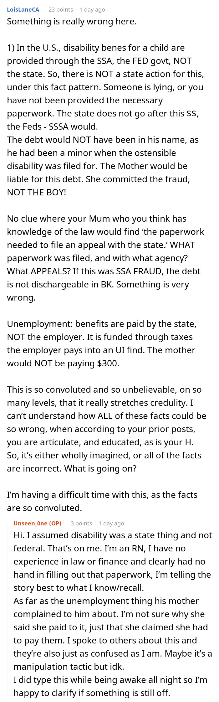 Commenter discussing mil wants file bankruptcy debt issues, confusion over state versus federal disability benefits and debt responsibility.