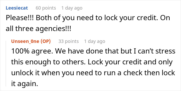 Screenshot of online discussion about financial advice and credit locking to avoid debt and bankruptcy risks.