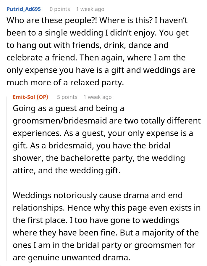 Screenshot of an online discussion about the bride&rsquo;s obsession with control affecting close friendships before the wedding.