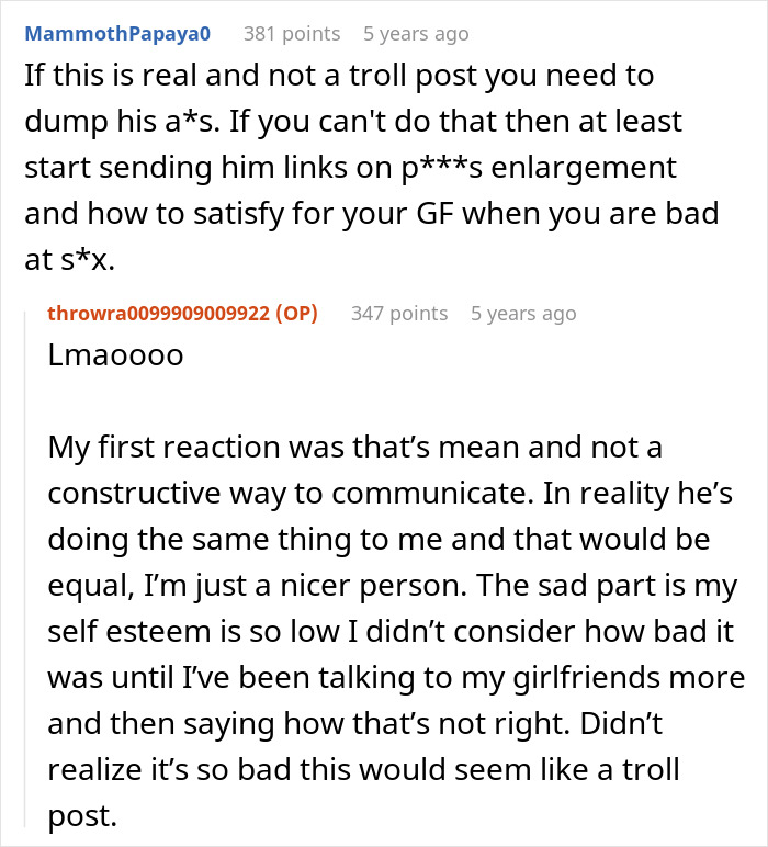 Screenshot of an online discussion about a man pursuing a woman and nagging her daily to lose weight.
