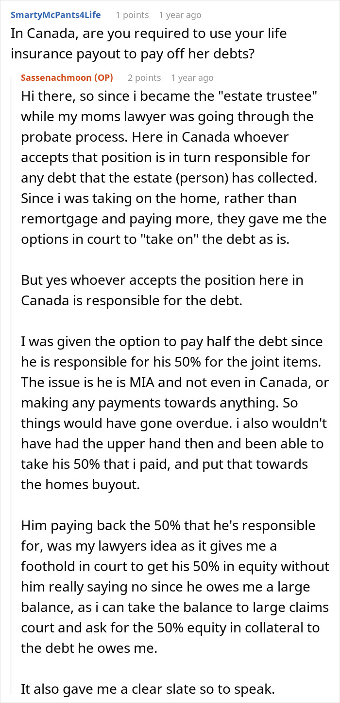 Comment discussing life insurance debt responsibility in Canada during probate process and estate trustee duties.