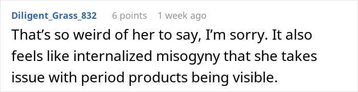 Comment discussing internalized misogyny and issues with period products being visible in the context of Midol and tampons.