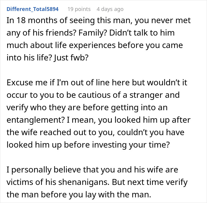 Alt text: Woman questions trust and cautions about verifying relationships before getting deeply involved with a man.