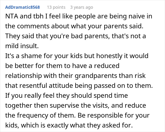 Screenshot of a Reddit comment discussing parents' negative views on babysitting and its impact on grandparent relationships.