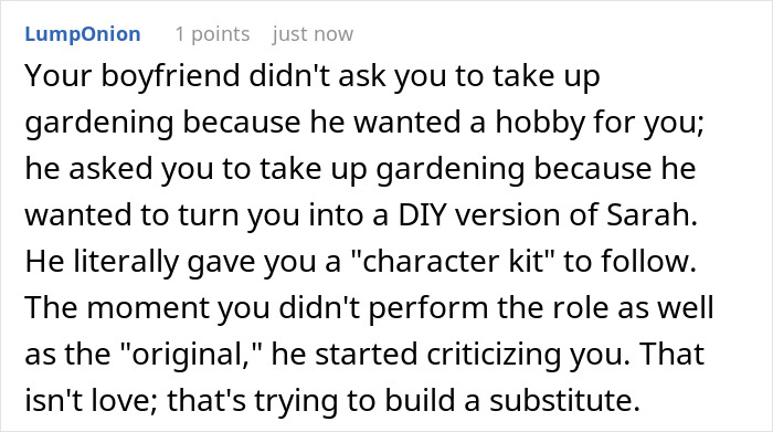 Arrogant guy compares devoted girlfriend to another man&rsquo;s wife, making her feel like second best in the relationship.