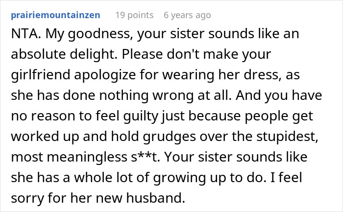 Comment showing drama caused by girlfriend&rsquo;s outfit approval for sister&rsquo;s wedding, highlighting relationship conflict and tension.