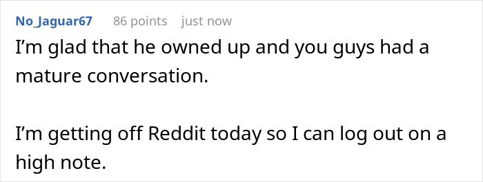 Reddit comment expressing relief after a mature conversation about husband downgrading from gorgeous to kind. Reddit comment expressing relief after a mature conversation about husband downgrading from gorgeous to kind.