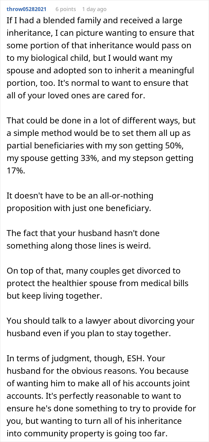 Comment explaining inheritance distribution and legal advice about husband lying about inheritance and leaving wife with nothing.