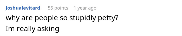 Screenshot of a Reddit comment asking why people are so stupidly petty, related to a woman using motorcycles to teach parking fairness.