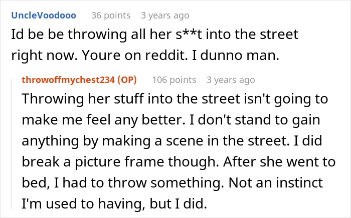 Reddit conversation about woman admitting to cheating multiple times and husband revealing everything to her parents before leaving.