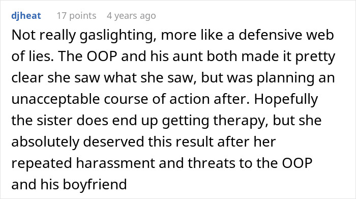 Screenshot of an online comment discussing a sister demanding her brother dump his secret boyfriend so she can date him instead.