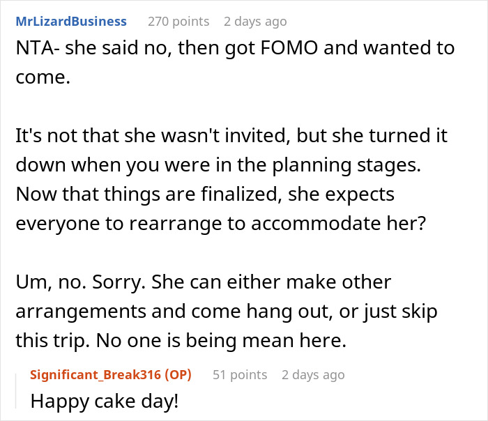 Online discussion about a woman furious her friends don&rsquo;t want to share a room after she joins vacation plans.