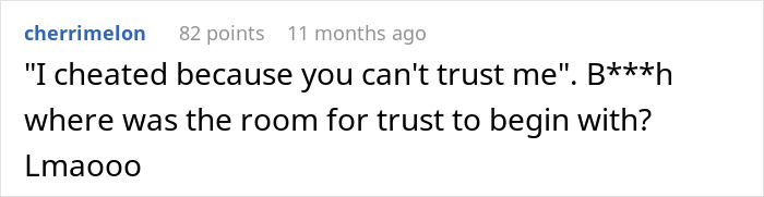 Screenshot of a provocative text where a woman who sleeps with a married man lectures his wife about trust.