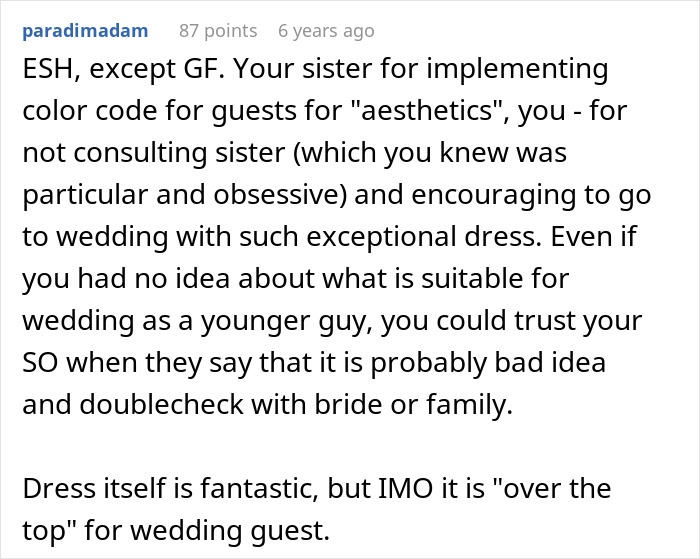 Reddit comment discussing drama caused by guy approving controversial outfit for sister&rsquo;s wedding causing tension with girlfriend.